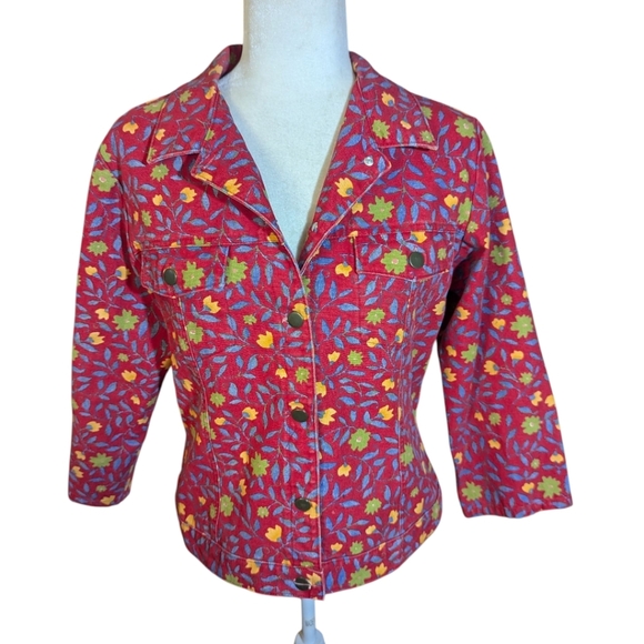 Vtg. Gotcha Covered Red Floral Jean Jacket Fabric Flower power Embroidered Back - Picture 2 of 9